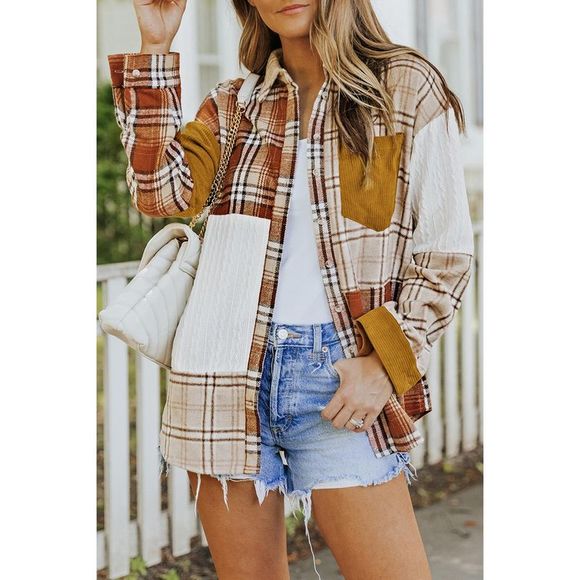 Azura Exchange  Orange Plaid Color Block Patchwork Shirt Jacket with Pocket - Picture 7 of 15
